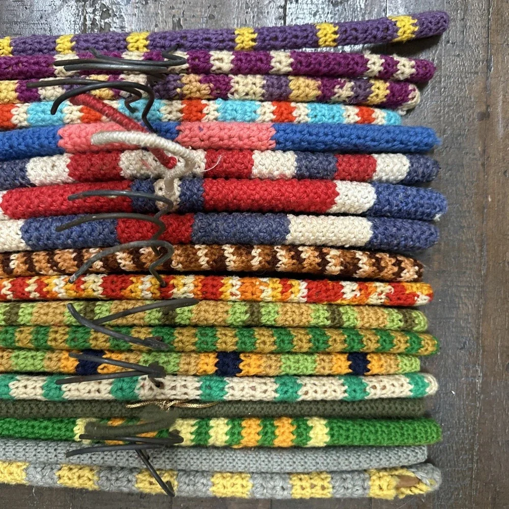Lot 18 Vintage Crochet Covered Wooden Clothes Hangers Colorful Grannycore
